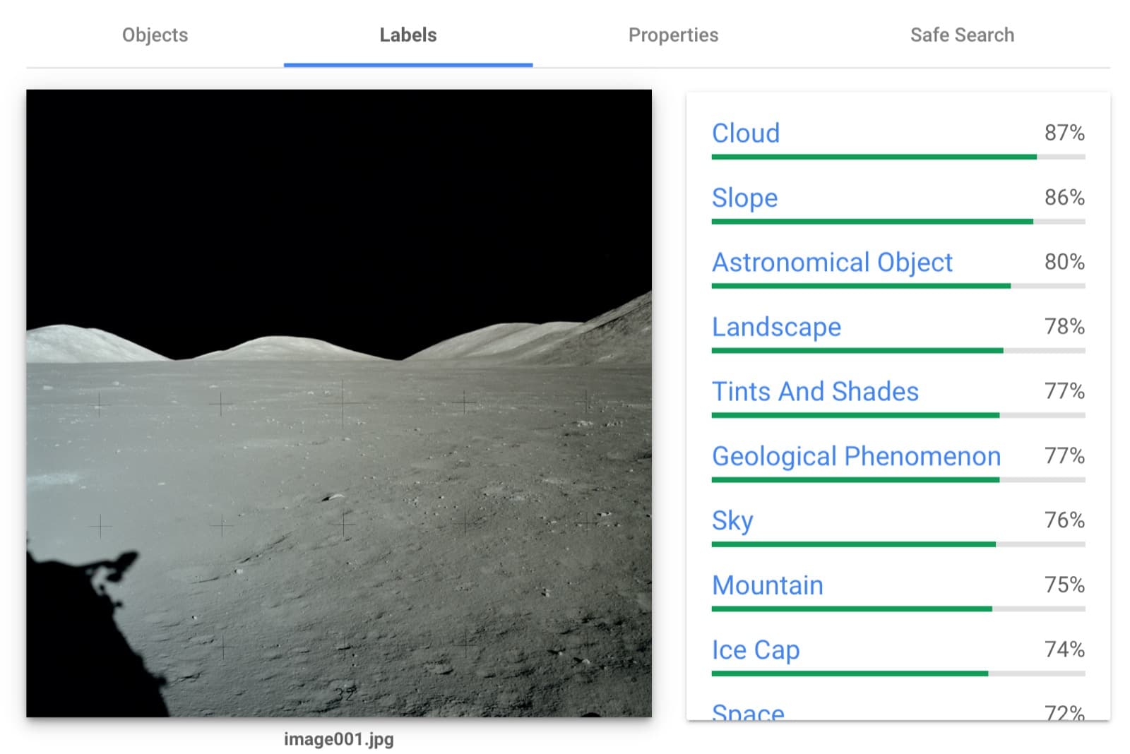 Cloud computer-vision labels on Apollo-era imagery