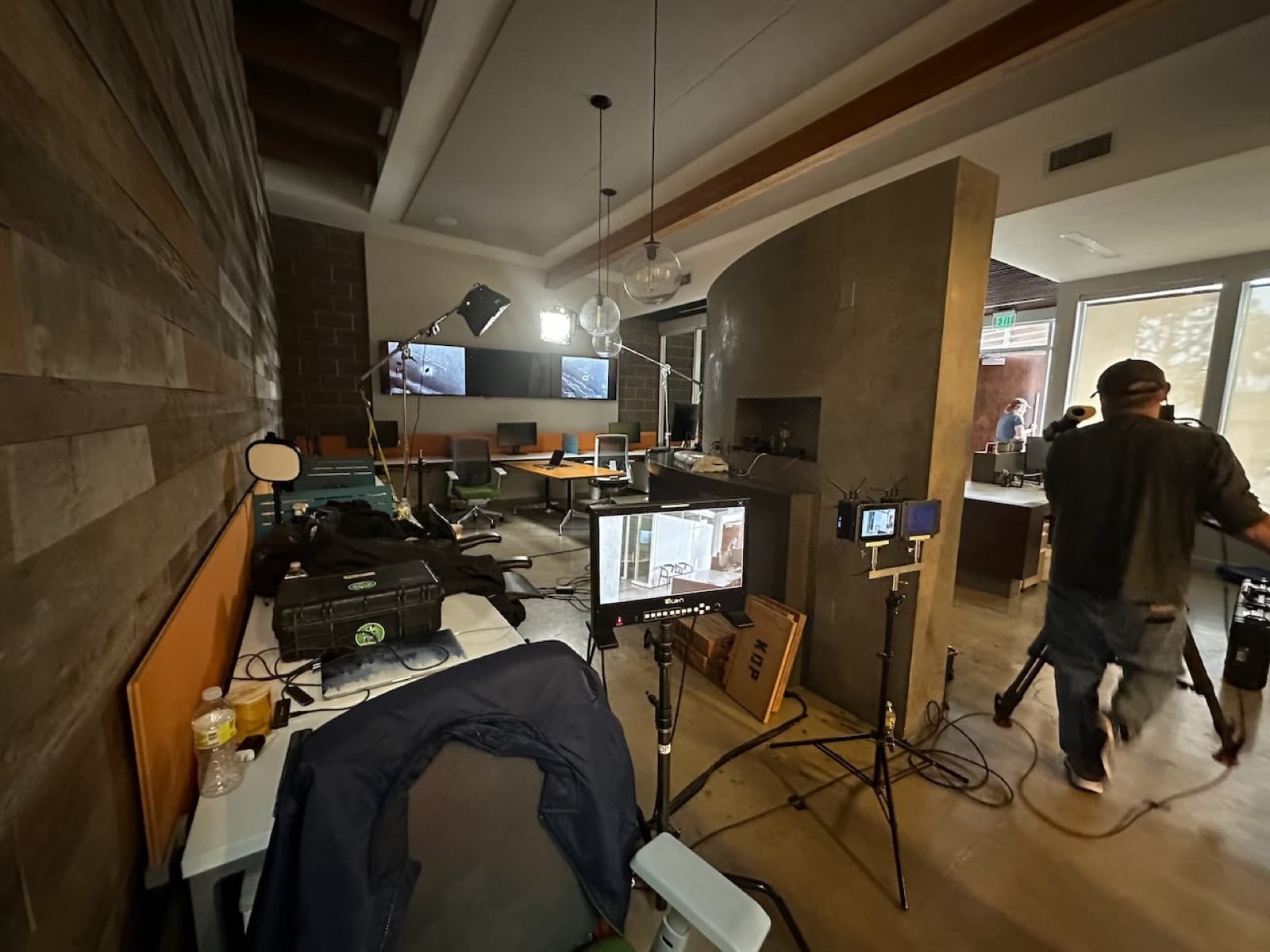 On set — monitors and lighting